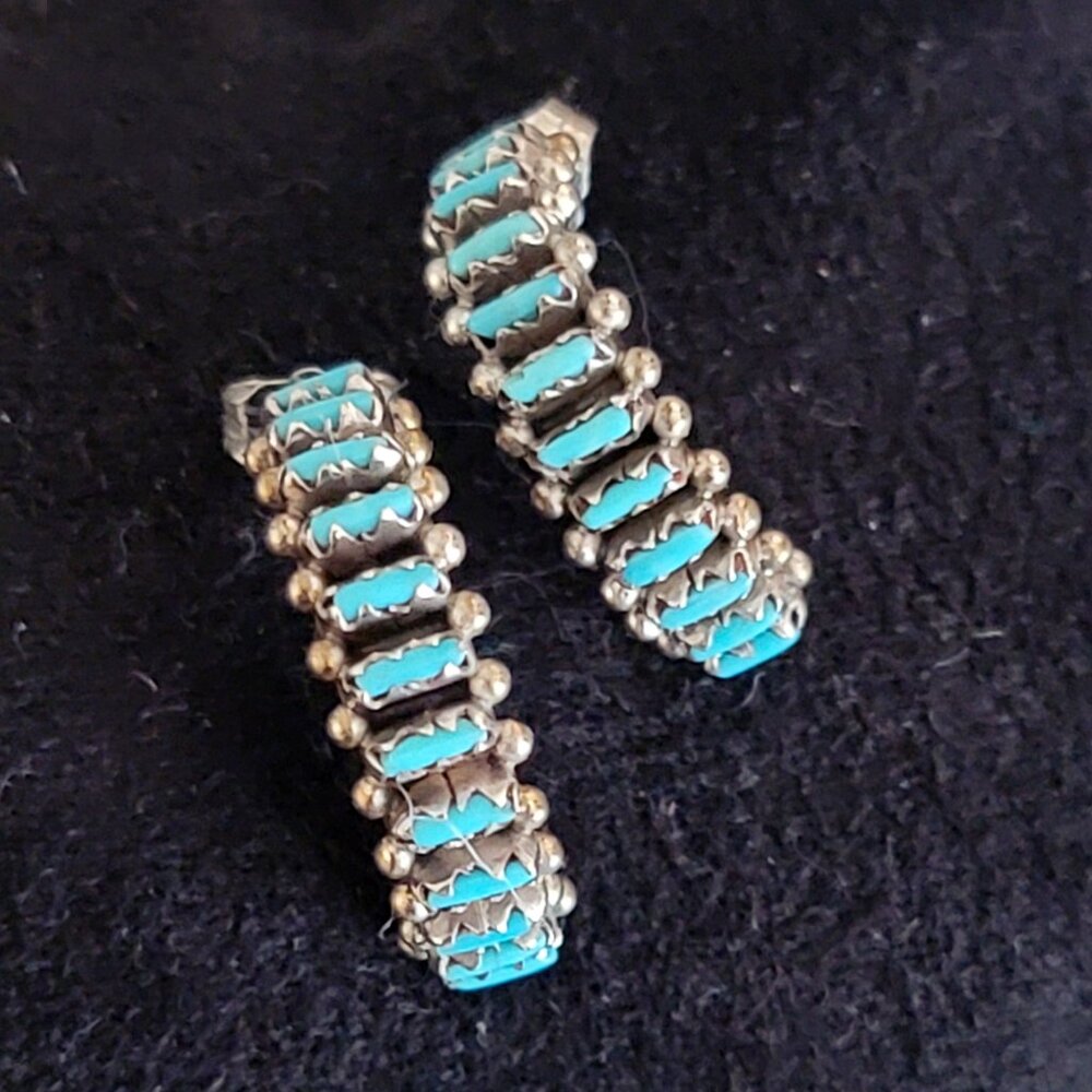 Native American Sterling Silver Turquoise Earrings, Hoop